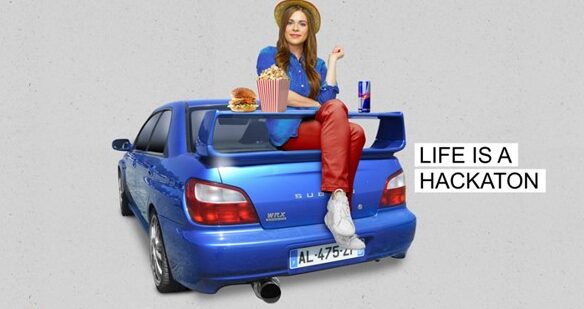 Woman blue car Life is a hackaton